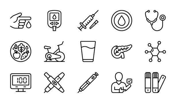 Diabetes Care Icons: Blood Glucose Monitoring, Insulin, Healthy Lifestyle, Pancreas, Medical Equipment