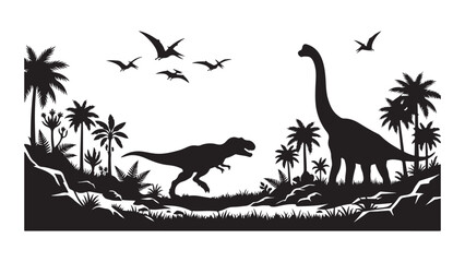Prehistoric Landscape Silhouette with Dinosaurs and Palm Trees © MD