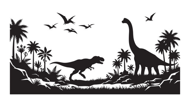 Prehistoric Landscape Silhouette with Dinosaurs and Palm Trees