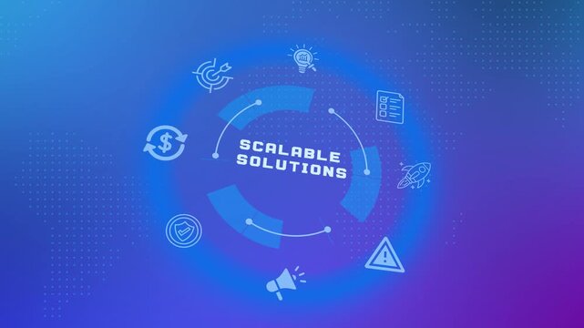 Scalable solutions tech infographic background featuring digital circular Hud framework and line icons for business growth.