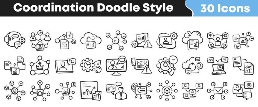 Set of hand drawn coordination icons for business project management