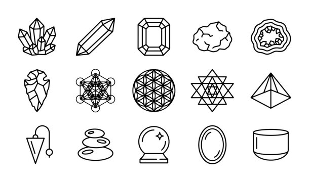 Sacred Geometry & Crystal Icons: Metatron's Cube, Flower of Life, Gemstones, Pendulum