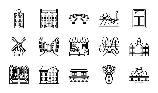 Amsterdam Icons Vector Set: City Buildings, Windmill, Tulips, Bikes, Bridges, Canals