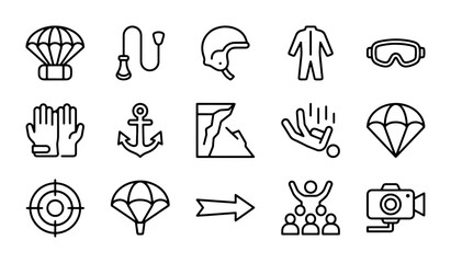 Extreme Sports Icons Set: Parachuting, Skydiving, Adventure Gear & Activities Vector Graphics © Emon