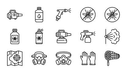 Pest Control Icons, Insecticide Sprayers, Masks, Nets, Vector Graphics Set © Mahfuzur