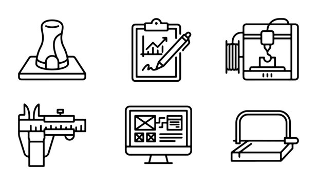3D Printing Icons Set, Manufacturing Technology, Engineering Tools, Digital Design, Precision Measurement, Business Analytics