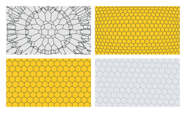 Hexagon hive pattern vector illustration set featuring honeycomb lattice design themes.