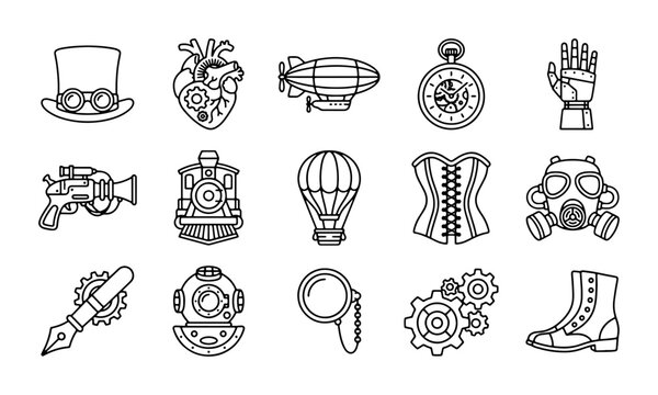 Steampunk Icons Set: Vintage Gears, Victorian Gadgets, Retro Technology, Industrial Elements