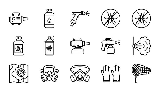 Pest Control Icons, Insecticide Sprayers, Masks, Nets, Vector Graphics Set