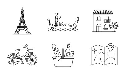 European Travel Icons: Eiffel Tower, Gondola, Villa, Bicycle, Picnic, Map Set © Mahfuzur
