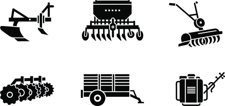 Black and white farm equipment including tractor, plow, seeder, mower, trailer, and generator