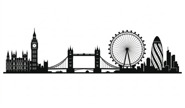 London Skyline Silhouette Vector with Big Ben Tower Bridge and Modern Landmark Cityscape