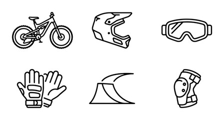 Mountain Bike Gear Icons, Downhill Cycling Equipment Set, Extreme Sports Vector Graphics © Imran