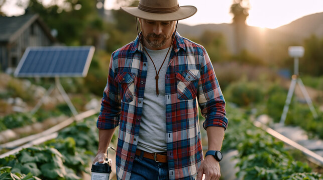 Precision irrigation scheduling agronomist walking between crop rows using handheld soil moisture tensiometer during midsummer heat advisory, portable weather station tripod visible at field edge, i