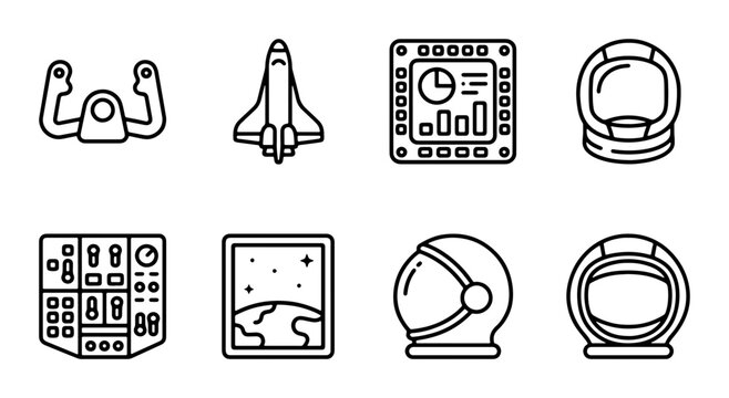 Space Exploration Icons: Astronaut Helmets, Shuttle, Cockpit Controls, Dashboard, Window View