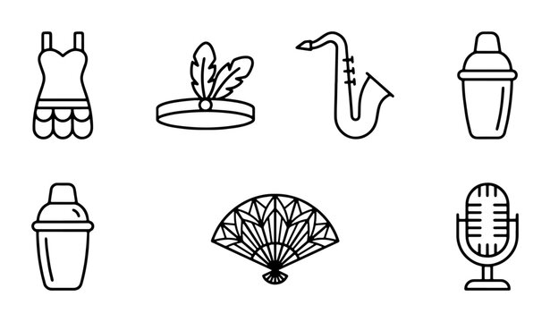 Art Deco Icons: Flapper Dress, Feather Headband, Saxophone, Cocktail Shaker, Fan, Microphone