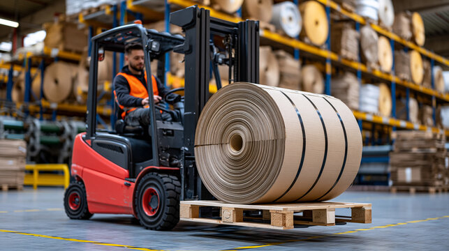 Sustainable packaging plant forklift operator moving pallet of kraft paperboard rolls into corrugator feed area, towering reel storage racks overhead, natural light streaming through clerestory skyl