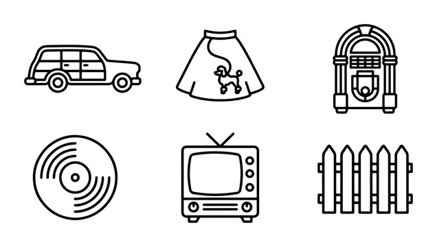 Retro 50s Icons: Station Wagon, Poodle Skirt, Jukebox, Vinyl Record, TV, Fence