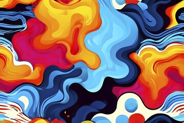 Obraz premium Abstract illustration features a seamless pattern of whimsical hand-drawn shapes and icons in vibrant colorful hues, AI generated