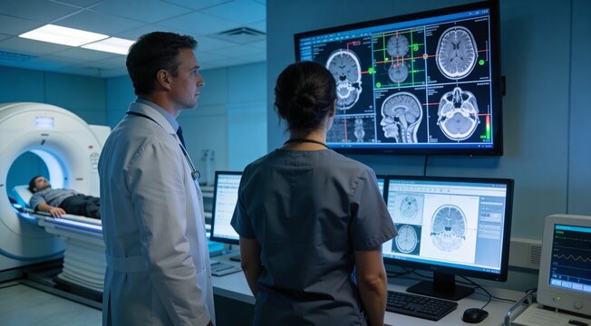 Medical specialists reviewing MRI scans on monitors indoors