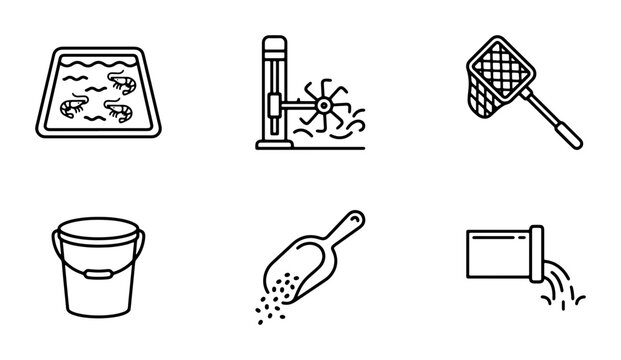 Aquaculture Equipment Icons, Shrimp Farming Tools, Water Pump, Net, Bucket, Scoop, Drainage Pipe