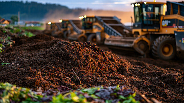 A large-scale automated composting facility at peak summer operation, rows of churning windrow machines turning food waste under a hazy afternoon sky, industrial organic waste processing and circula