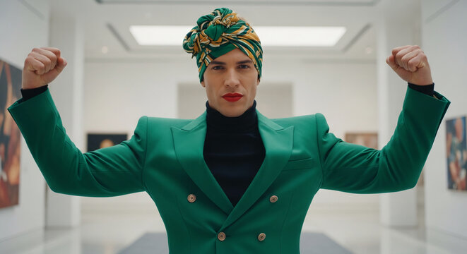 Person wearing a green suit and a colorful headwrap, flexing arms in a museum, symbolizing confidence, style, and power, representing artistry and self-expression