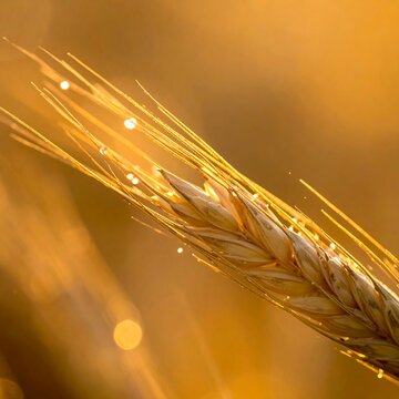 Golden wheat ear with morning dew drops