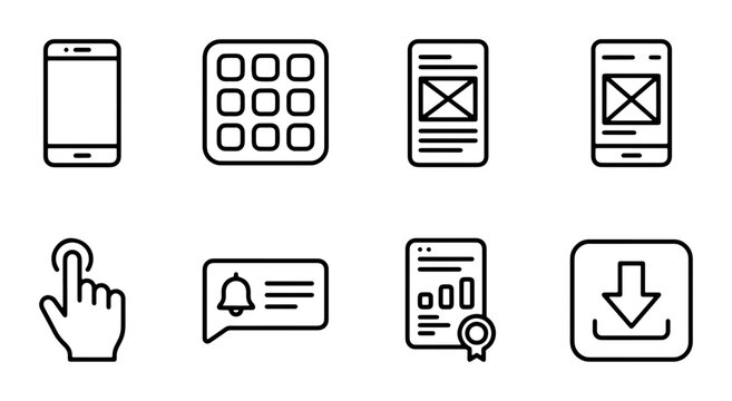 Mobile App Interface Icons, UI Design Elements, Smartphone User Experience Symbols, Vector Graphics