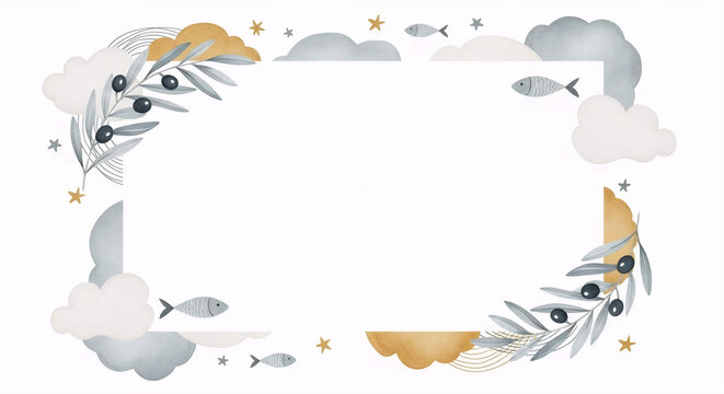 Minimal christian fish border watercolor frame illustration
