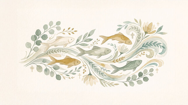 Flowing fish pattern watercolor christian illustration
