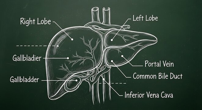 Detailed anatomical diagram of human liver and gallbladder.