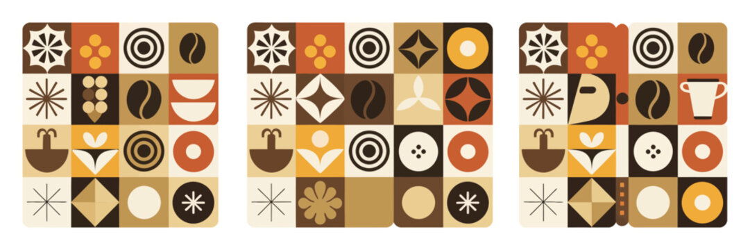 Abstract Geometric Coffee Poster with Coffee Beans, Hot Beverage Cup, Tropical Leaves and Bauhaus Modern Elements, Minimalist Vector Seamless Pattern Background Template