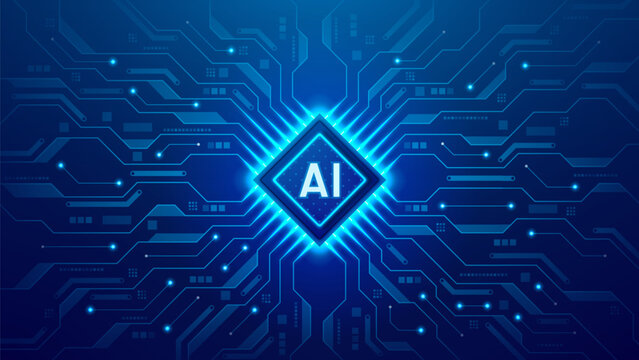 Futuristic luminous AI chip concept. Vector banner with blue artificial intelligence processor on circuit motherboard with glowing elements. Tech branding, AI computing, cyber innovation concept