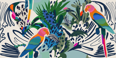 Materiał do szycia Abstract botanical hand drawn pattern with parrots. Dynamic contemporary seamless pattern.