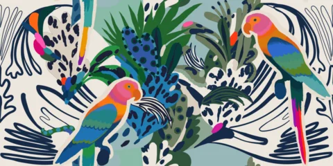 Abstract botanical hand drawn pattern with parrots. Dynamic contemporary seamless pattern. © MURRIRA
