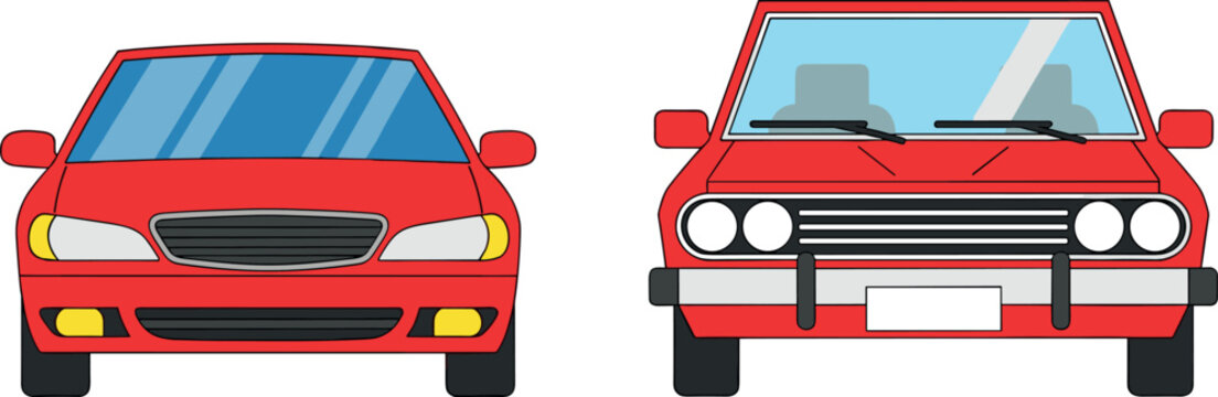 Red Sedan Car Front View Vector Set with Modern and Retro Classic Vehicle Designs for Automotive Transport Industry Graphic Layouts and Traffic Map Indicators