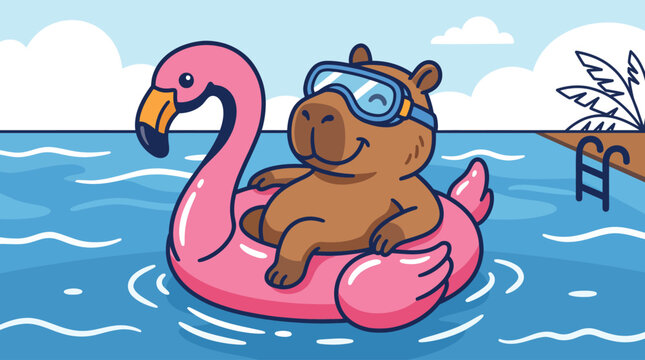 Capybara Floating On Flamingo Pool Float Summer Illustration Containing cute animal mascot swimming pool vacation and tropical holiday scene