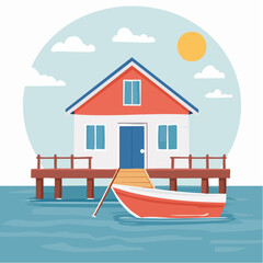 Obraz premium House on stilts with boat on the water