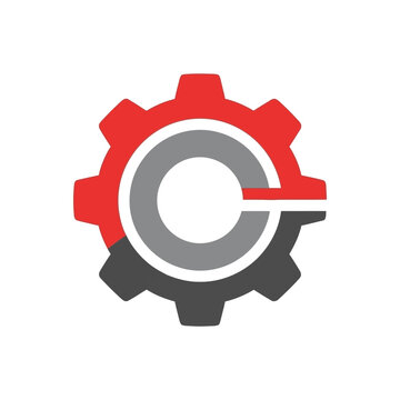 Mechanical Gear With A Letter C Shape Inside Colored In Red And Gray On A White Background