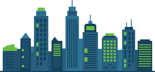 Panoramic downtown city buildings silhouette with minimalist office towers for financial district background and corporate business concepts in clean flat vector art, © Mousumi