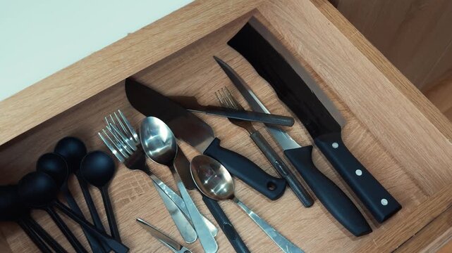 Kitchen drawer filled with a variety of disorganized and messy cutlery, including metal forks, serving spoons, knives, and other cooking utensils, highlighting clutter and inefficiency