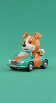 Cute orange teddy bear driving a vintage car toy.