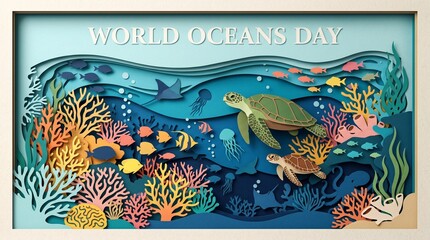 Fototapeta premium Underwater Coral Reef Vector Background for World Oceans Day