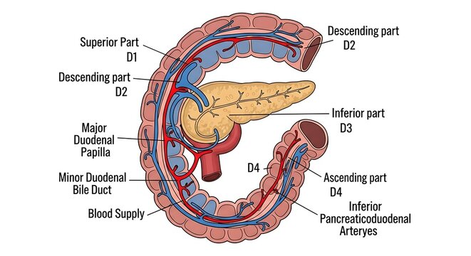Anatomical diagram of the duodenum and pancreas blood supply.