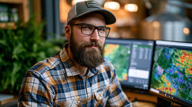 Precision agriculture yield mapping data analyst studying combine harvester telemetry on dual-screen workstation inside farm management office, bushel-per-acre heat maps overlaid on satellite field 