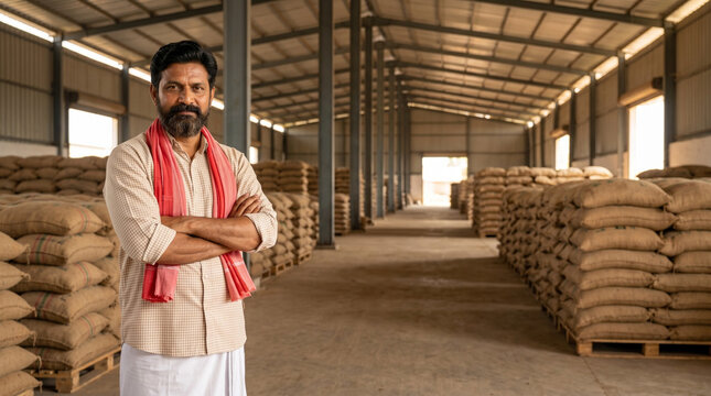 middle aged indian farmer standing inside grain storage warehouse for agriculture supply chain food storage and rural business concept