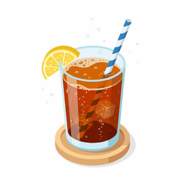 Refreshing cola drink with ice and lemon slice.