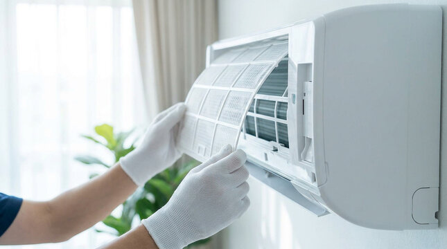 開いた室内機のフィルターを確認する手元