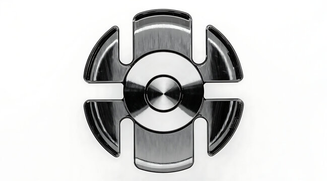 Polished metal hubcap with radial cutouts white background, reflective stainless surface and minimalist industrial design conveying sleek modern